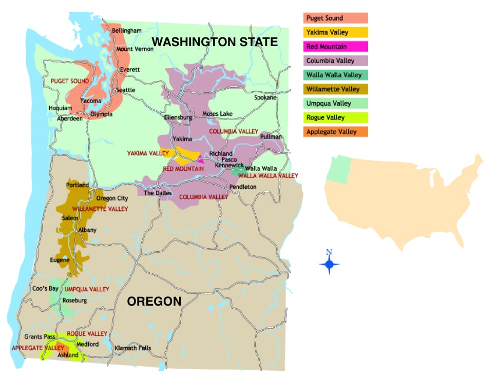 Oregon Washington Wine Map